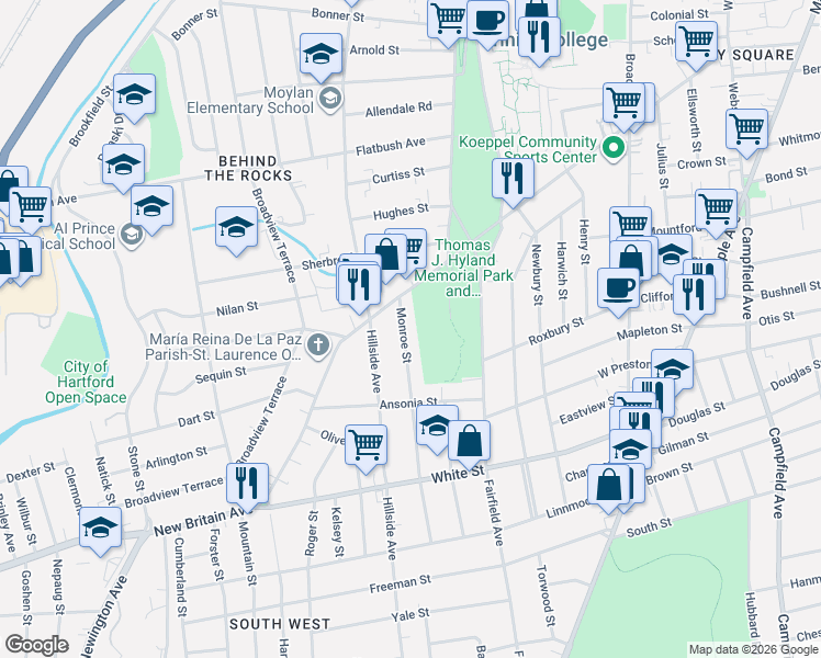 map of restaurants, bars, coffee shops, grocery stores, and more near 38 Monroe Street in Hartford