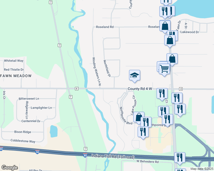 map of restaurants, bars, coffee shops, grocery stores, and more near 26869 County Road 4 in Elkhart