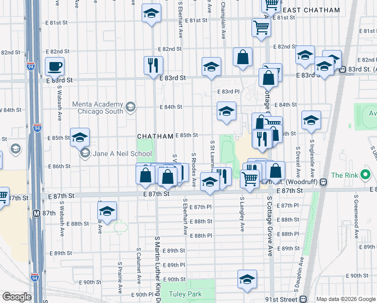 map of restaurants, bars, coffee shops, grocery stores, and more near 8540 South Rhodes Avenue in Chicago