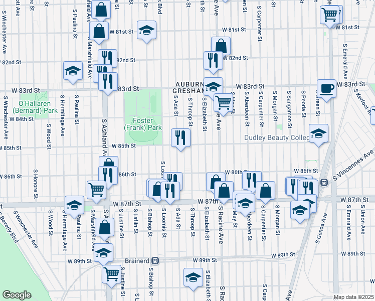 map of restaurants, bars, coffee shops, grocery stores, and more near 8508 South Throop Street in Chicago