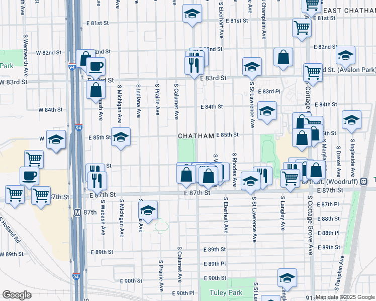 map of restaurants, bars, coffee shops, grocery stores, and more near 361 East 85th Street in Chicago