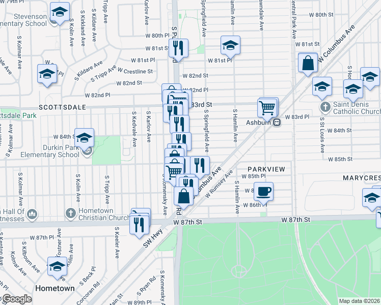 map of restaurants, bars, coffee shops, grocery stores, and more near 3919 West 84th Place in Chicago