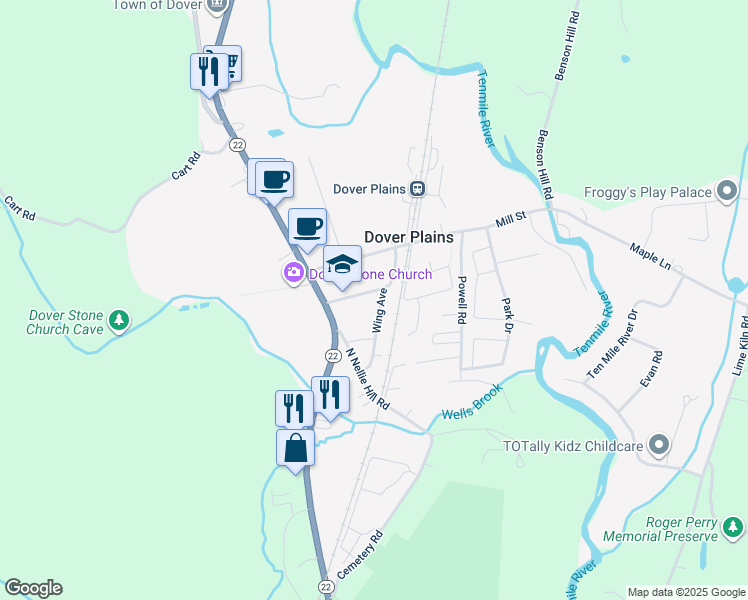 map of restaurants, bars, coffee shops, grocery stores, and more near 26 Wing Avenue in Dover Plains