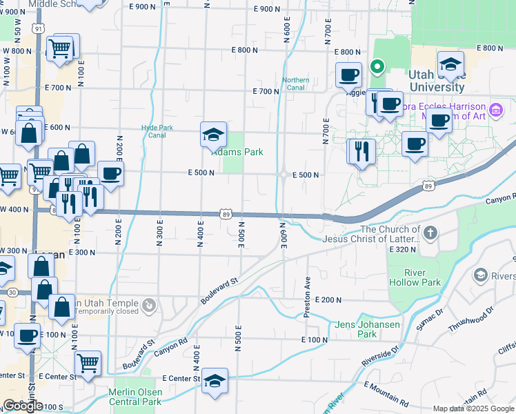 map of restaurants, bars, coffee shops, grocery stores, and more near 549 East 400 North in Logan