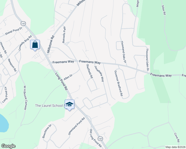 map of restaurants, bars, coffee shops, grocery stores, and more near 87 Sheffield Road in Brewster