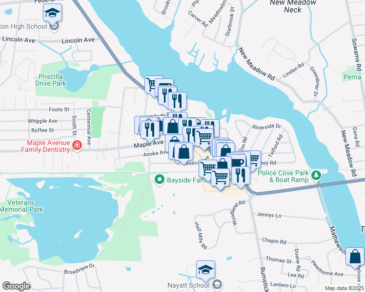 map of restaurants, bars, coffee shops, grocery stores, and more near 8 Anoka Avenue in Barrington