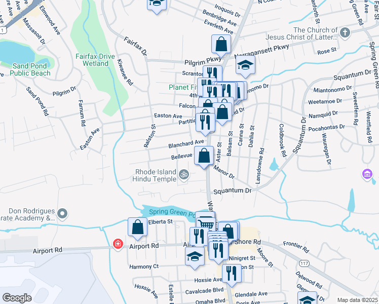 map of restaurants, bars, coffee shops, grocery stores, and more near 22 Bellevue Avenue in Warwick