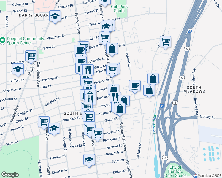 map of restaurants, bars, coffee shops, grocery stores, and more near 617 Wethersfield Avenue in Hartford