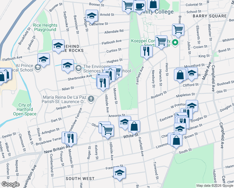 map of restaurants, bars, coffee shops, grocery stores, and more near 38 Monroe Street in Hartford