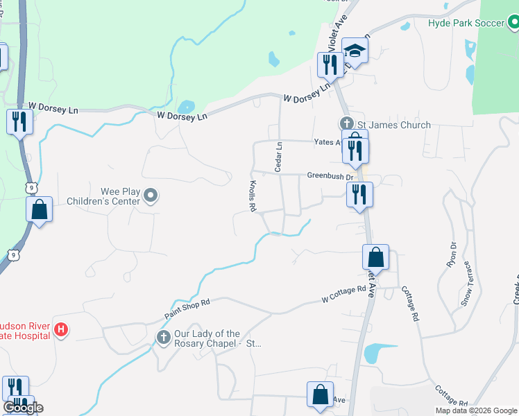 map of restaurants, bars, coffee shops, grocery stores, and more near 8 Birchwood Terrace in Poughkeepsie