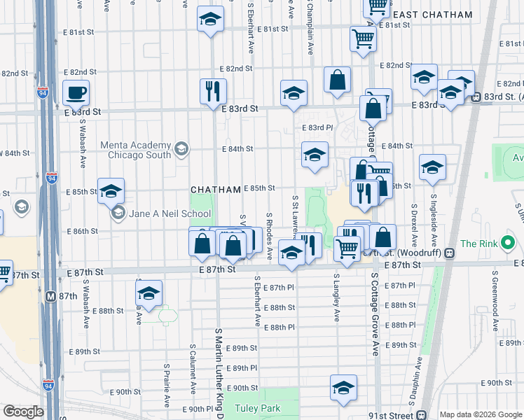 map of restaurants, bars, coffee shops, grocery stores, and more near 8540 South Rhodes Avenue in Chicago