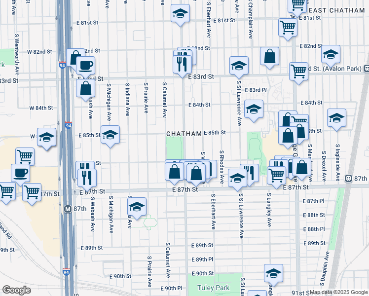 map of restaurants, bars, coffee shops, grocery stores, and more near 361 East 85th Street in Chicago