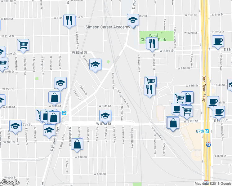 map of restaurants, bars, coffee shops, grocery stores, and more near 8521 South Parnell Avenue in Chicago