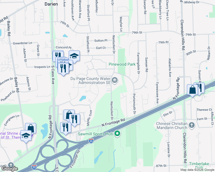 map of restaurants, bars, coffee shops, grocery stores, and more near 8245 Ripple Ridge in Darien