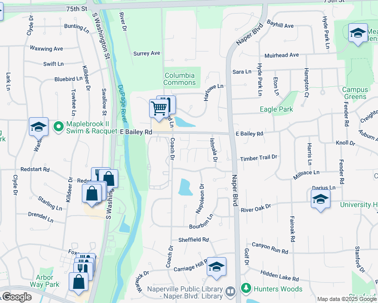 map of restaurants, bars, coffee shops, grocery stores, and more near 1671 Kiowa Circle in Naperville