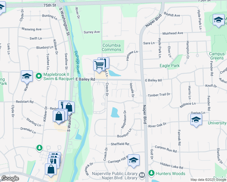 map of restaurants, bars, coffee shops, grocery stores, and more near 1671 Kiowa Circle in Naperville