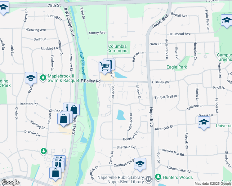 map of restaurants, bars, coffee shops, grocery stores, and more near 1671 Kiowa Circle in Naperville