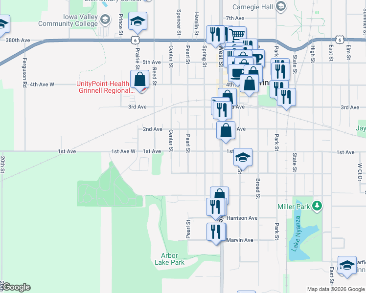 map of restaurants, bars, coffee shops, grocery stores, and more near 499 1st Avenue in Grinnell
