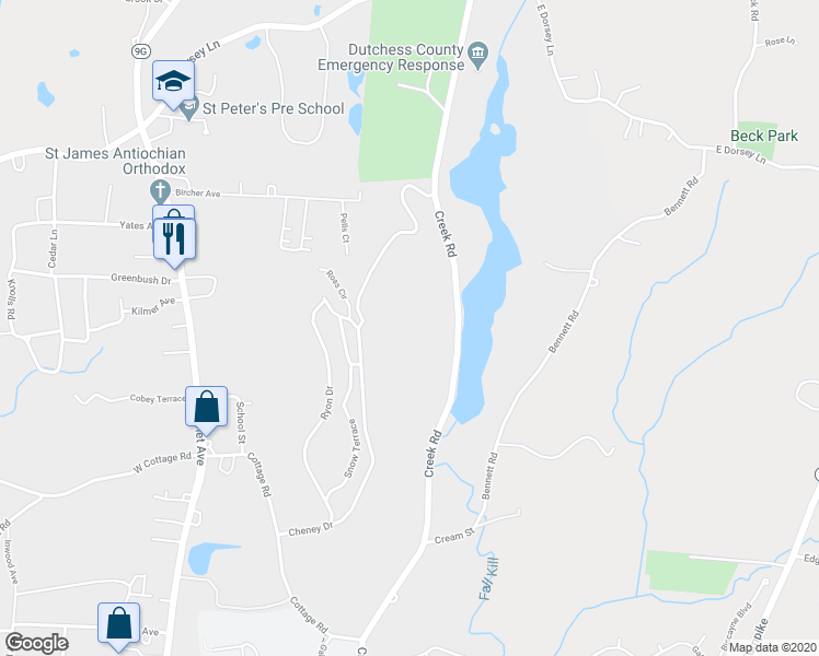 map of restaurants, bars, coffee shops, grocery stores, and more near 267 Creek Road in Poughkeepsie