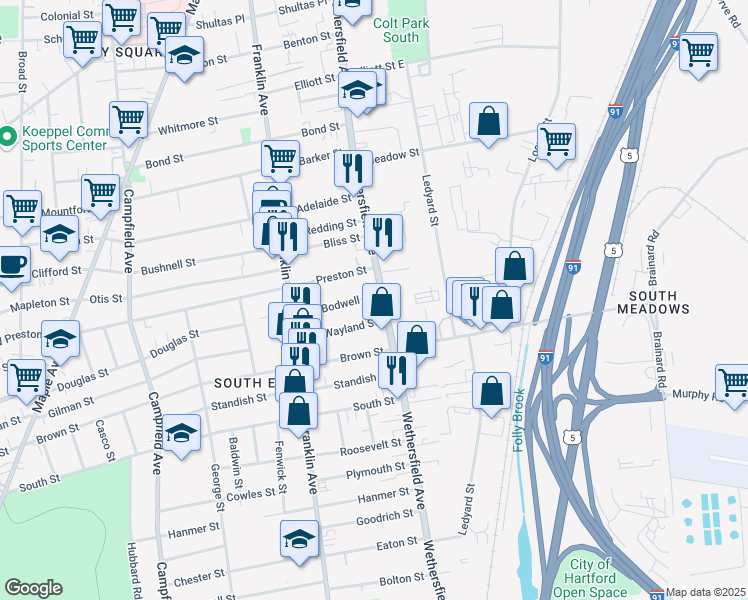 map of restaurants, bars, coffee shops, grocery stores, and more near 605 Wethersfield Avenue in Hartford