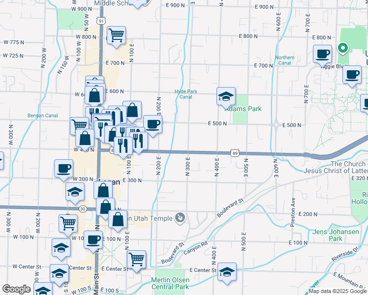 map of restaurants, bars, coffee shops, grocery stores, and more near 297 East 400 North in Logan