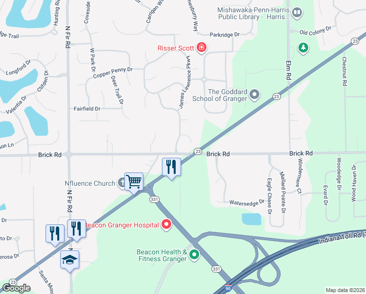 map of restaurants, bars, coffee shops, grocery stores, and more near 51902-51998 James Lawrence Parkway in Granger