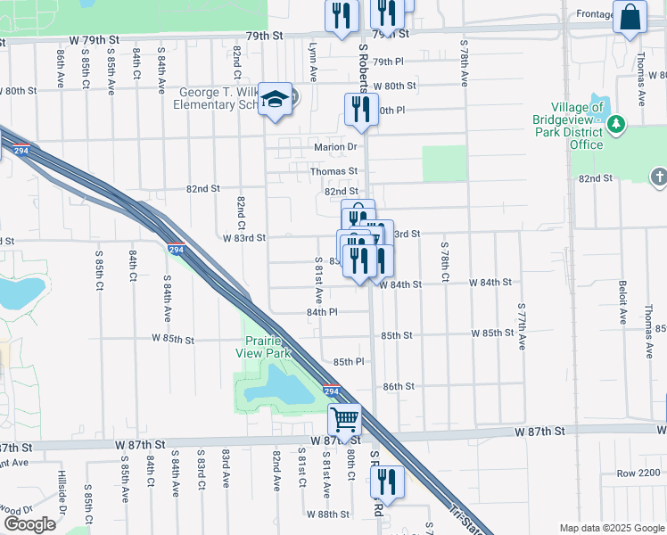 map of restaurants, bars, coffee shops, grocery stores, and more near 8029 83rd Place in Justice