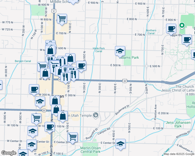 map of restaurants, bars, coffee shops, grocery stores, and more near 297 East 400 North in Logan