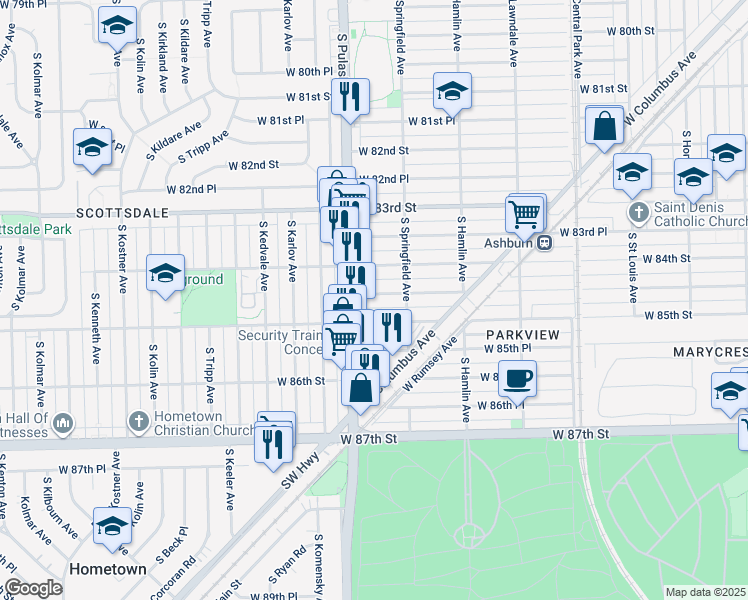 map of restaurants, bars, coffee shops, grocery stores, and more near 3935 West 84th Place in Chicago