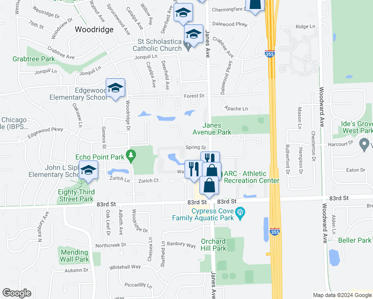 map of restaurants, bars, coffee shops, grocery stores, and more near 2437 Spring Street in Woodridge
