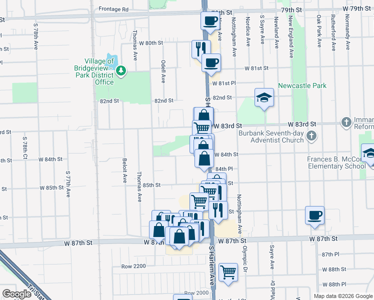 map of restaurants, bars, coffee shops, grocery stores, and more near 7230 West 84th Street in Bridgeview