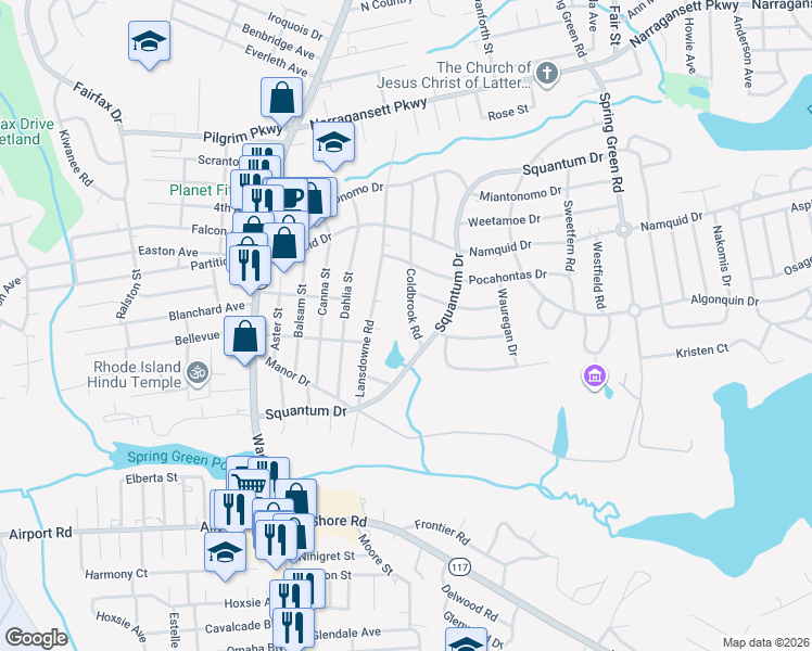 map of restaurants, bars, coffee shops, grocery stores, and more near 170 Coldbrook Road in Warwick