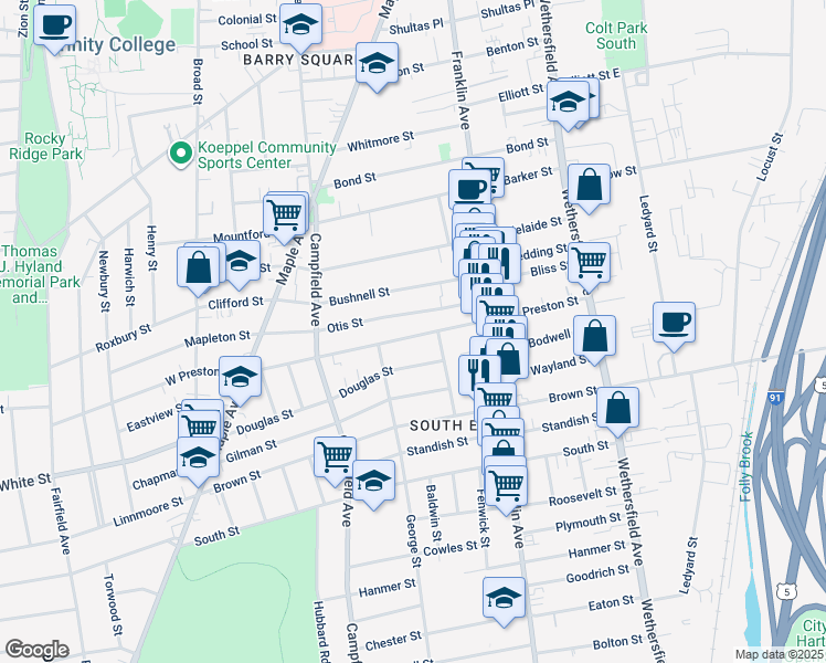 map of restaurants, bars, coffee shops, grocery stores, and more near 168 Preston Street in Hartford