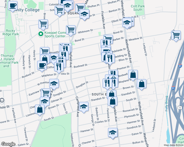 map of restaurants, bars, coffee shops, grocery stores, and more near 168 Preston Street in Hartford