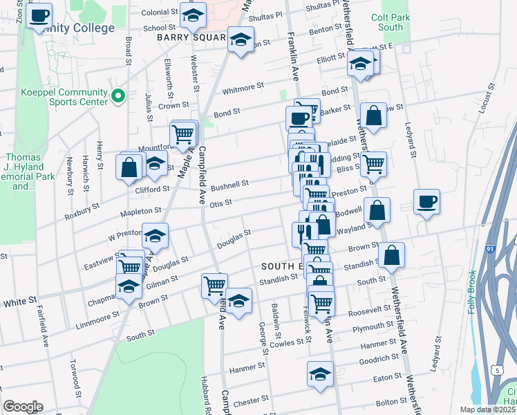 map of restaurants, bars, coffee shops, grocery stores, and more near 168 Preston Street in Hartford