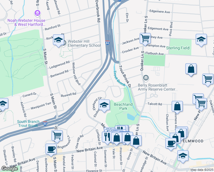 map of restaurants, bars, coffee shops, grocery stores, and more near 11 Manchester Circle in West Hartford