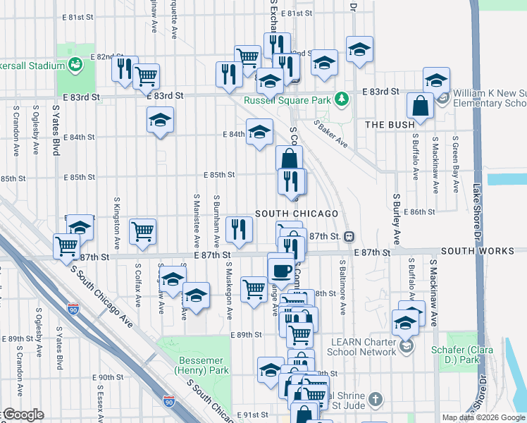 map of restaurants, bars, coffee shops, grocery stores, and more near 8601 South Escanaba Avenue in Chicago