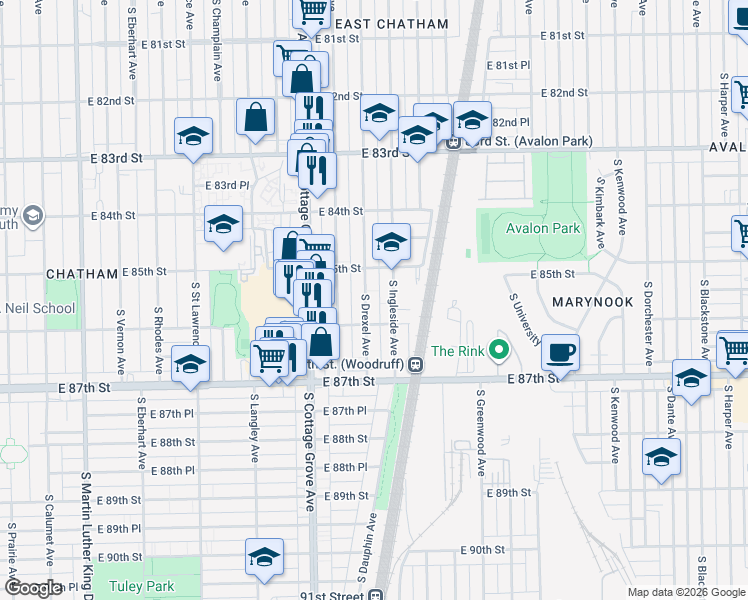 map of restaurants, bars, coffee shops, grocery stores, and more near 8546 South Ingleside Avenue in Chicago