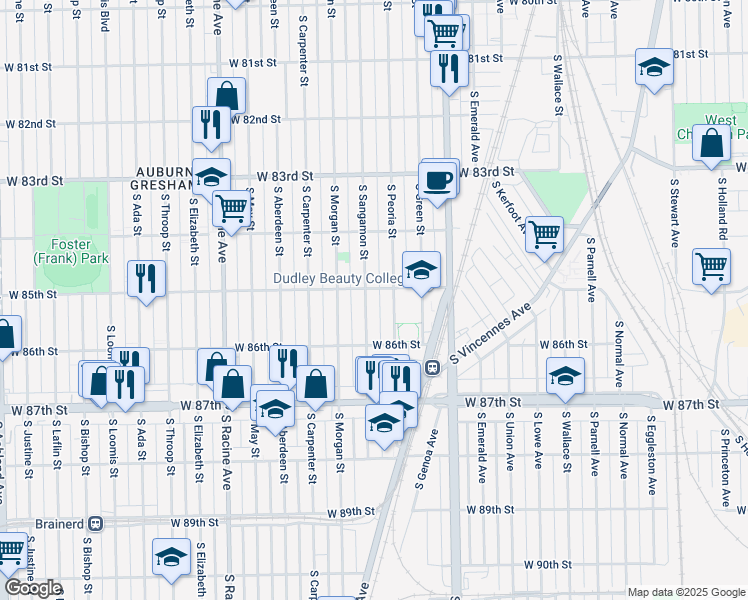 map of restaurants, bars, coffee shops, grocery stores, and more near 8516 South Peoria Street in Chicago