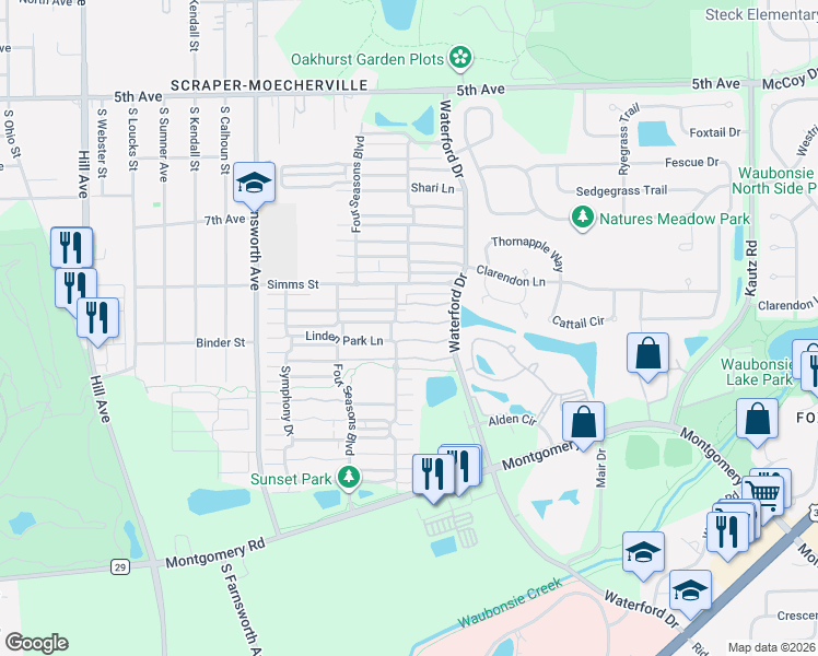 map of restaurants, bars, coffee shops, grocery stores, and more near 1748 Linden Park Lane in Aurora