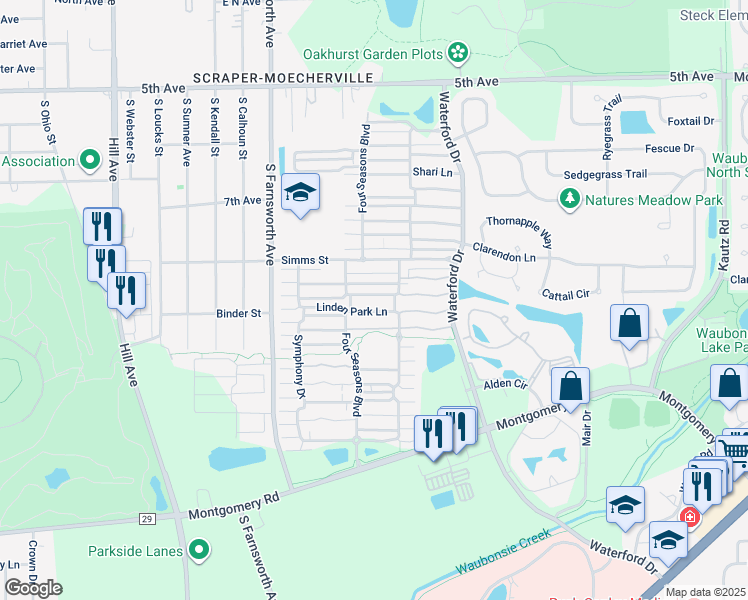 map of restaurants, bars, coffee shops, grocery stores, and more near 1702 Linden Park Lane in Aurora