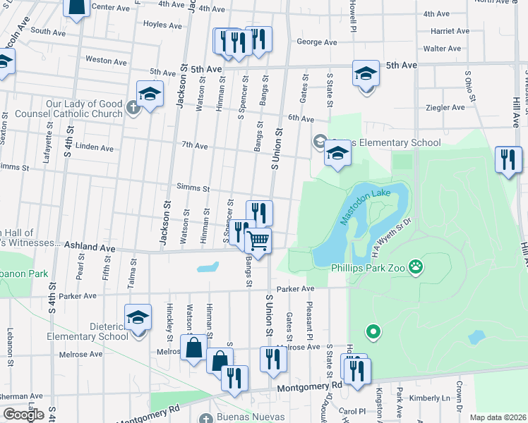 map of restaurants, bars, coffee shops, grocery stores, and more near 825 South Union Street in Aurora