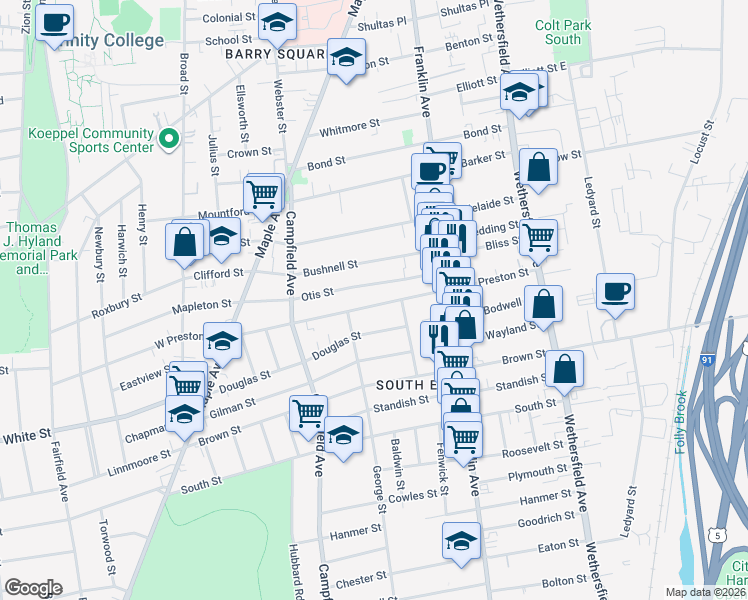 map of restaurants, bars, coffee shops, grocery stores, and more near 168 Preston Street in Hartford
