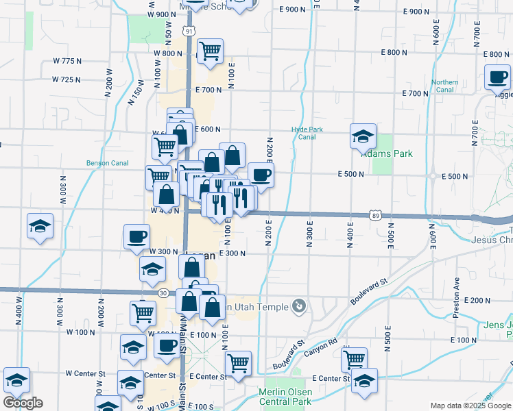 map of restaurants, bars, coffee shops, grocery stores, and more near in Logan