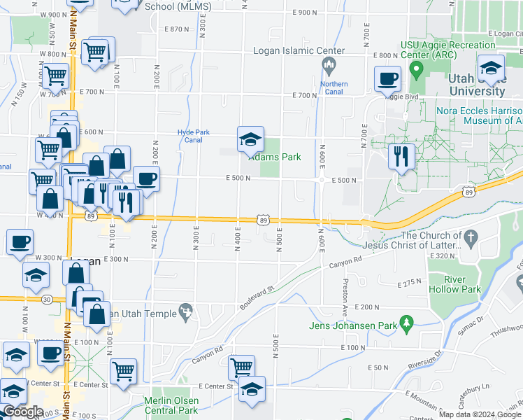 map of restaurants, bars, coffee shops, grocery stores, and more near 461 East 400 North in Logan