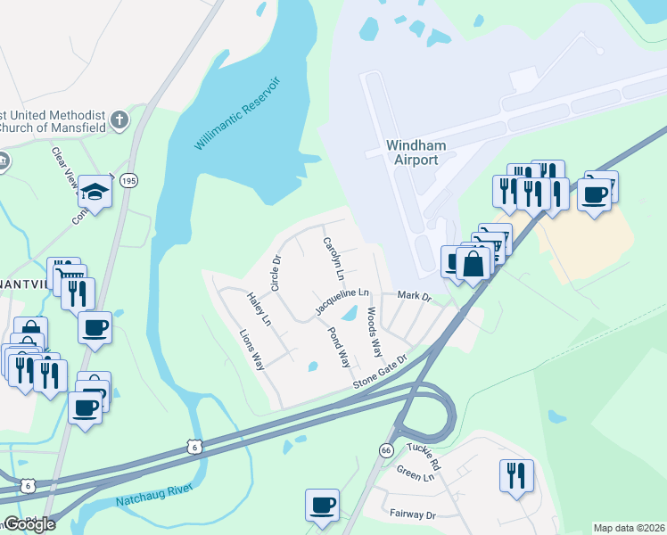 map of restaurants, bars, coffee shops, grocery stores, and more near 8 Jessie Lane in Windham