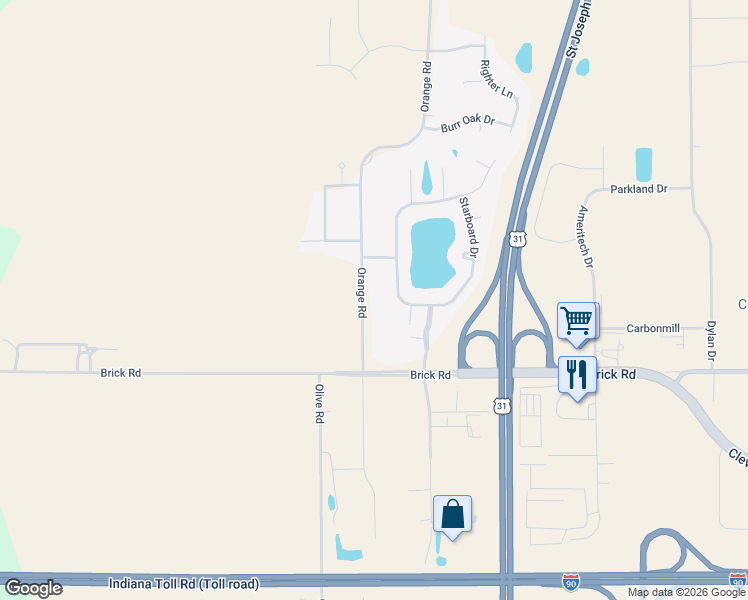map of restaurants, bars, coffee shops, grocery stores, and more near 51914 Orange Road in South Bend
