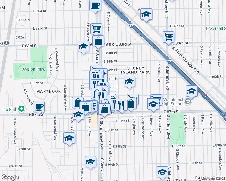 map of restaurants, bars, coffee shops, grocery stores, and more near 1644 East 86th Street in Chicago