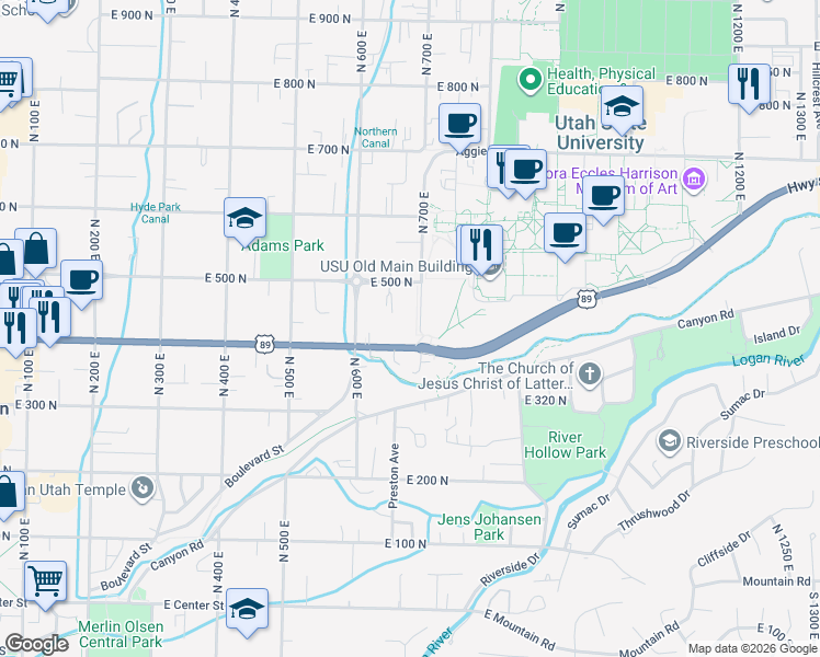 map of restaurants, bars, coffee shops, grocery stores, and more near 683 East 400 North in Logan