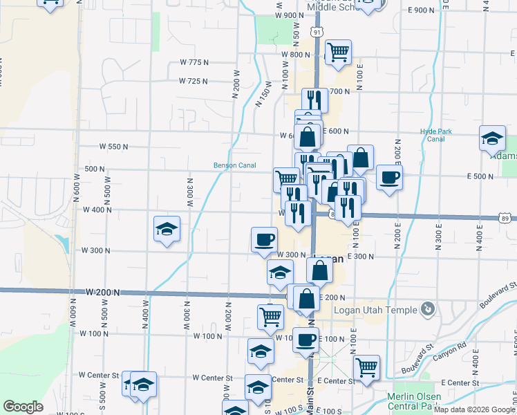 map of restaurants, bars, coffee shops, grocery stores, and more near 133 West 400 North in Logan